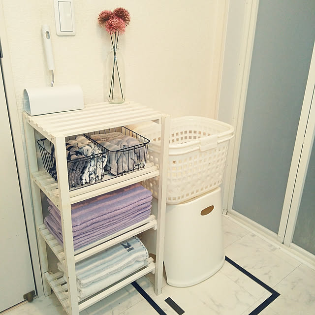Bathroom,日用品,タオル,タオル収納,フェイスタオル,バスタオル,ハンドタオル,無印良品,コロコロ,洗面所 収納,Daiso,DAISO雑貨,テマリソウ,セリア ワイヤーバスケット,nissen,ランドリーバスケット,風呂椅子,サリュの棚,ホワイトインテリア,ホワイト大好き,あきびん再利用,seria,salut! mintの部屋