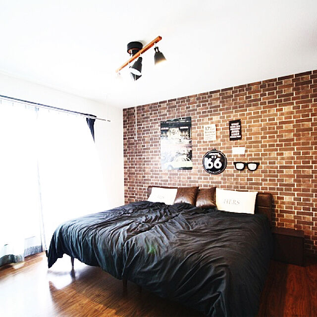 Bedroom,寝室,レンガ壁紙,ブルックリンスタイル,男前 1mamaの部屋