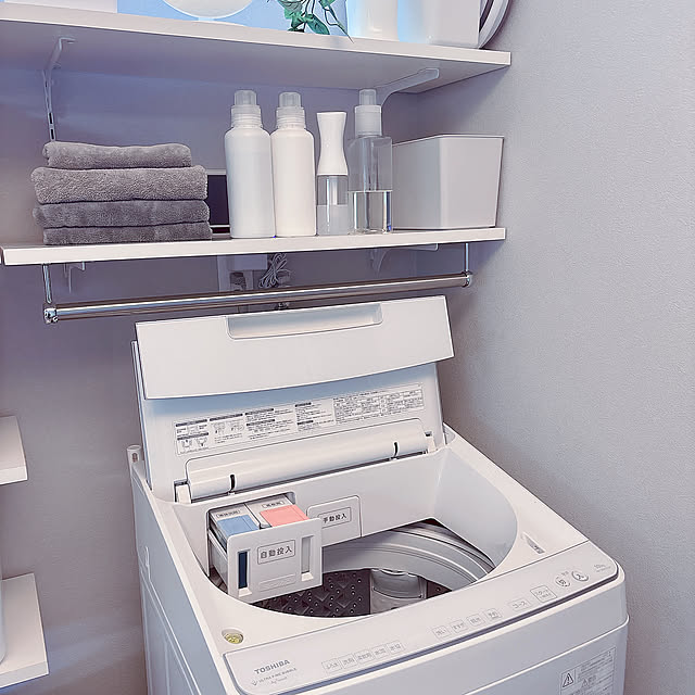 Bathroom,家事ラク,家事,東芝,洗剤自動投入,洗濯機,造作可動棚,時短アイテム,平屋,ひとり暮らし,平屋暮らし,シンプル,ホワイトインテリア,見せる収納,ホワイト,Daiso,オープン棚 tomatoの部屋