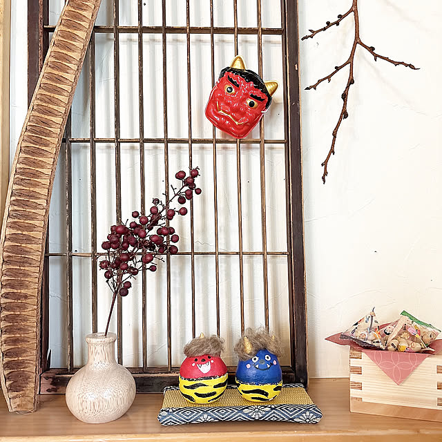 My Shelf,ホウオウボク,まめまき,木製花瓶,Standard Products,紙粘土手作り,赤鬼と青鬼,節分,癒しの時間,ディスプレイ okkunの部屋