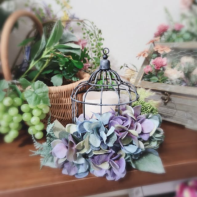 ハロウィン,ハンドメイド,アーティフィシャルフラワー,造花アレンジ,MYFLOWERLIFE,ダイソー,鳥かごアレンジ,キャンドル,紫陽花 atelier_yours_Chiiの部屋