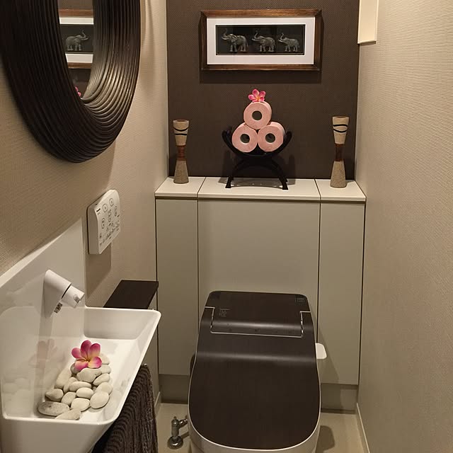 Bathroom,おなじような写真ですが,トイレ,モダン アジアン リゾート,バリリゾート,バリ風,アジアン,バリ雑貨,プルメリア,ダークブラウン,造花 achuの部屋