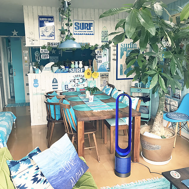 dyson pure cool,パキラ,西海岸インテリア,surf,ハワイが好き,beach,海,サーファーズインテリア,海を感じるインテリア,青が好き,青,ハワイスタイル,西海岸風 インテリア,ビーチスタイル,ハワイ,観葉植物,西海岸スタイル,ビーチハウス,ブルー,夏インテリア,Lounge tak-itoの部屋