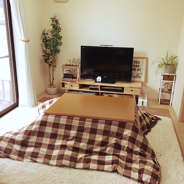 フェイクグリーン,テレビ周り,テレビ台,チェック柄,セリア,ナチュラルインテリア,サリュ！雑貨,ナチュラルが好き,ナチュラル,スッキリ暮らしたい,スッキリした部屋に憧れる,ニトリ,こたつカバー,こたつのある部屋,こたつ,しまむらのラグ,Lounge natsuの部屋