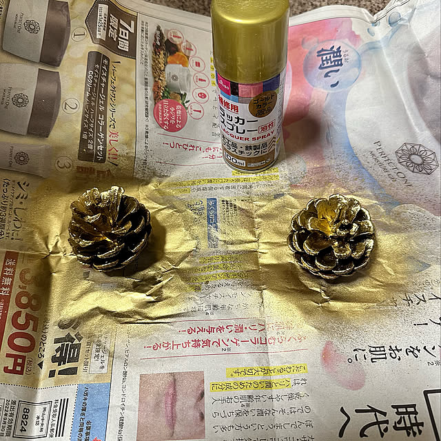 ラッカースプレー ゴールド,ダイソー,金色にスプレー,松ぼっくり,和風も好き,100均,団地暮らし,ハンドメイド,お正月インテリア,北欧,団地でも諦めない,stay home,団地,おうち時間の過ごし方,お正月,北欧好き,おうち時間を楽しむ,おうち時間,On Walls miyumiyuの部屋