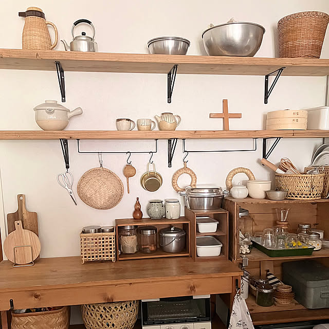 Kitchen,ナチュラルインテリア,見せる収納,お気に入りの場所,かご収納,竹かご,木のぬくもり,古道具のある暮らし,古道具 anpanman-baikinmanの部屋