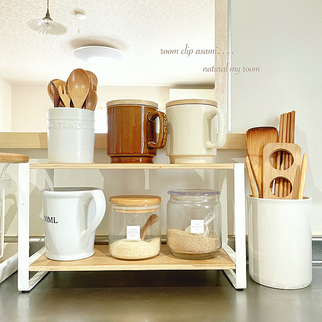 Kitchen,toscaキッチンラック,Toscaシリーズ,tosca,ナチュラル,100均,シンプル,ナチュラルインテリア,シンプルナチュラル,いつもいいねやコメありがとうございます♡,ナチュラルが好き,キッチンラック,ダイソー,キャニスターsalt&sugar,キャニスター asami.の部屋