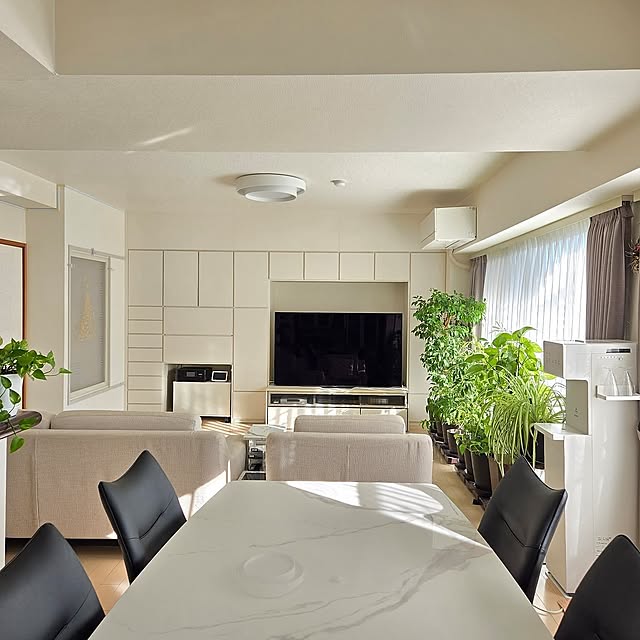 Overview,観葉植物,ソファー,カーテン,ダイニングテーブル,マンション,テレビボード,ホワイトインテリア,植木鉢,ウォーターサーバー,壁面収納,ダイニングチェア,レースカーテン,Panasonic,ホテルライク,キュビオス,プリンター収納,ドレープカーテン,SONY 有機EL65型,東京インテリアのソファー,東京インテリアのカーテン,育てるのが好き,お部屋を広く見せる工夫,東京インテリアのダイニングセット,三菱エアコン霧ヶ峰,セラミックテーブル,モダン love1017の部屋