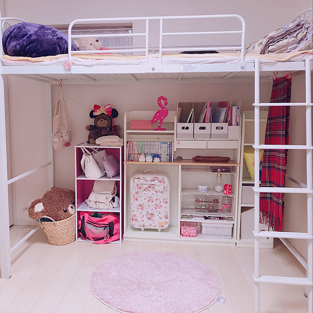 Bedroom,カラーボックス収納,ピンクが好き,姫系が好き♡,ニトリ ロフトベッド,100均 miwaの部屋