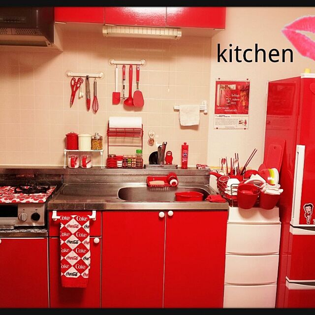 Kitchen,赤,リメイク,100均,DIY,賃貸,アメリカンポップ sa-chanの部屋