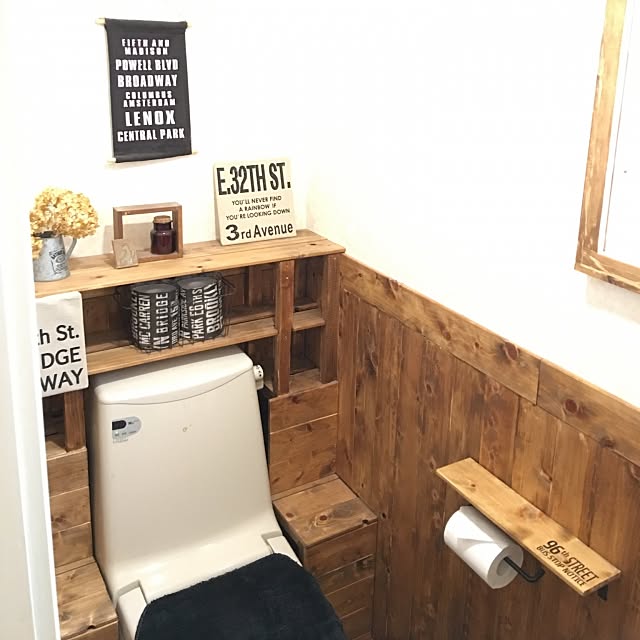 Bathroom,おはようございます(*^^*),DIY,カメラマーク出たので,いいね&フォローありがとうございます☆,セリア,トイレDIY,腰板壁,ワトコオイル ダークウォルナット mikan3mamaの部屋