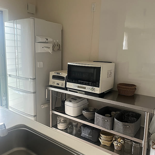 Kitchen,調味料ラックDIY,卓上食洗機,ガスコンロ周り,シンク周り,炊飯器収納,トースター置き場,レンジまわり,コップ収納,ステンレス作業台 osakanaの部屋
