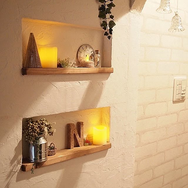 Entrance,ニッチDIY,漆喰壁,レンガ壁紙,雑貨,ニトリ,LEDキャンドル chocoの部屋
