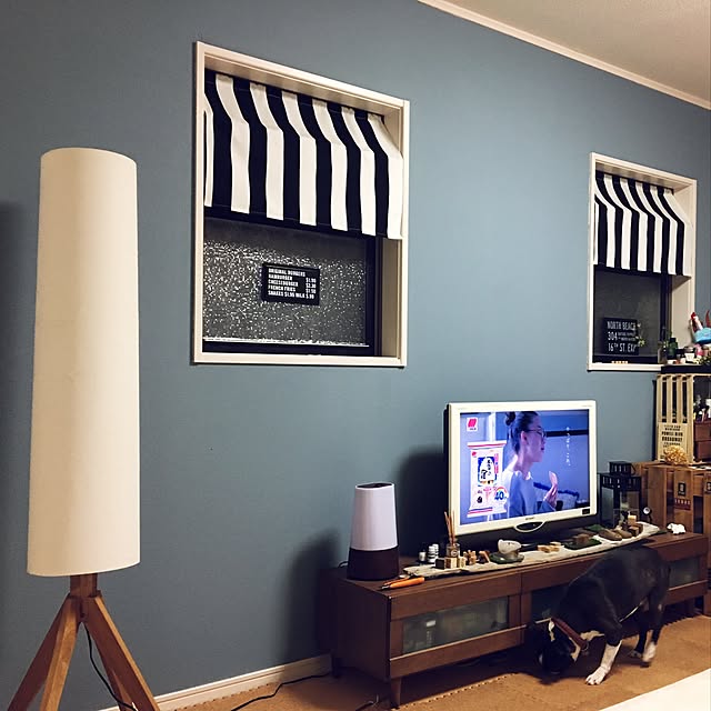 Lounge,小窓ディスプレイ,ブルーグレーにペイント,ブルーグレーの壁,ドロシー,壁紙屋本舗,DIY,私のDIY,モノトーン,IKEA生地,白黒病,白黒ボーダー,白黒,いぬと暮らす,IKEA,IKEAランタン,サンゲツガラスフィルム,ガラスシート,みせる収納 Ayaの部屋