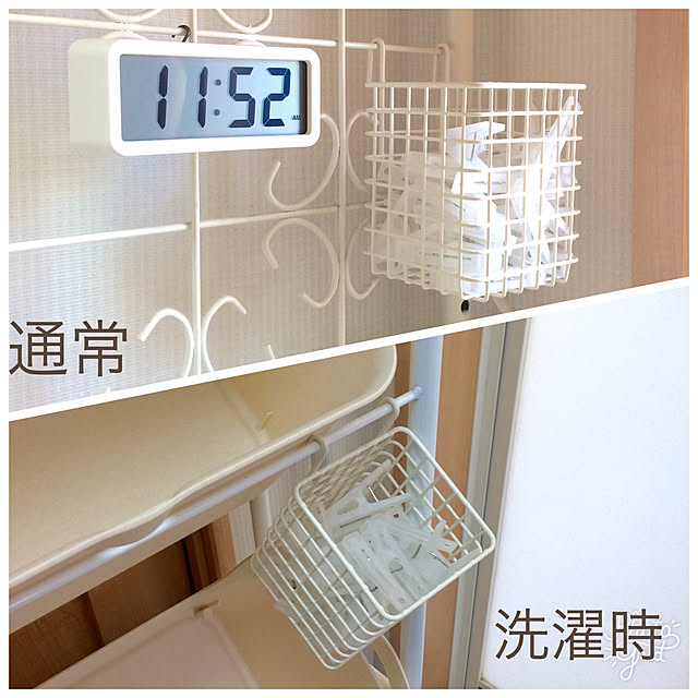 Bathroom,無印良品,時計,洗面所,100均,脱衣所,洗濯機周り,ベルメゾン,洗濯かご,洗濯ばさみ,ピンチ,ランドリーラック,ワイヤーカゴ,洗濯物干し,地味な投稿ごめんなさい,家事,ランドリーワゴン miyuの部屋