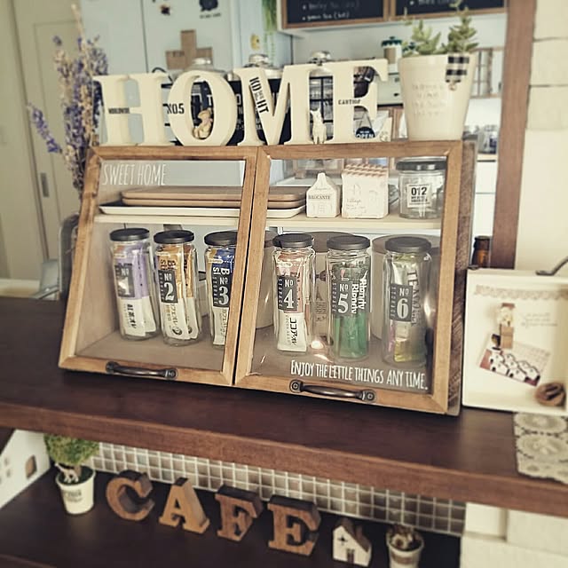 My Shelf,スティックコーヒー,セリア 耐熱シール,カフェ風,セリア,ガラス瓶,キッチン収納,DIY,ショーケースDIY,カフェ風雑貨,木工DIY akiの部屋