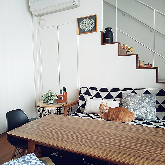 Overview,ニトリ,香水,フレグランス,ディフューザー,ルームディフューザー,香りのある暮らし,IKEA ひざ掛け,カリモク60 リビングテーブル,リビング階段,サイドテーブル,QLライン,キセログラフィカフェイク,エアープランツ,フェイクグリーン,ねこと暮らす,UNIQLO×ﾌｨﾝﾚｲｿﾝ,3coins クッションカバー marutujiの部屋