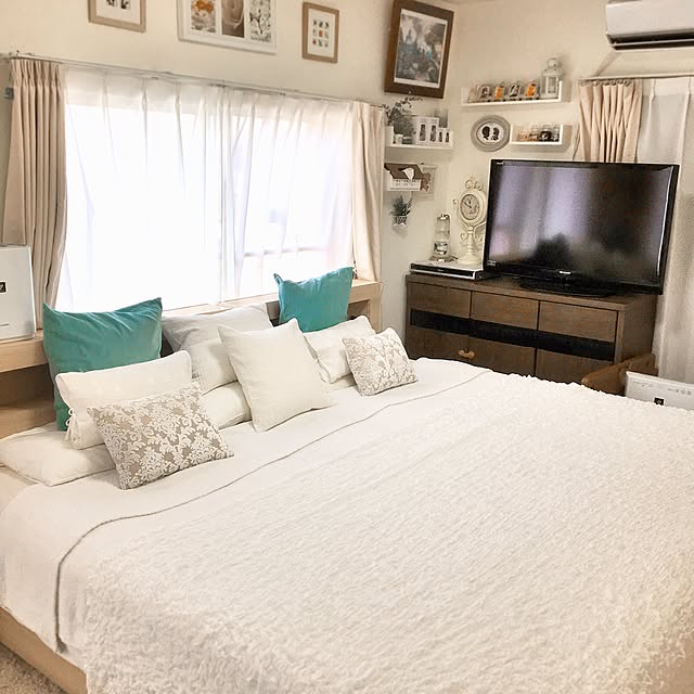 Bedroom,kashwere,Sealy Bed,ZARA HOME,フォロワー様ありがとうございます♥,こどもと暮らす。,ティファニーブルー,クッション,ベッド,ナチュラルインテリア,IKEA Sayuriの部屋