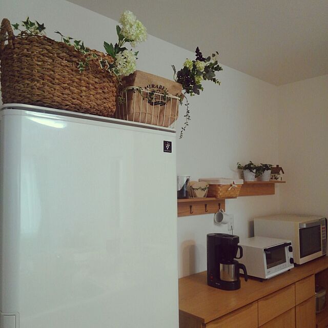 Kitchen,かご,冷蔵庫の上,ニトリ壁に付ける棚,観葉植物,ニトリのかご okuriの部屋