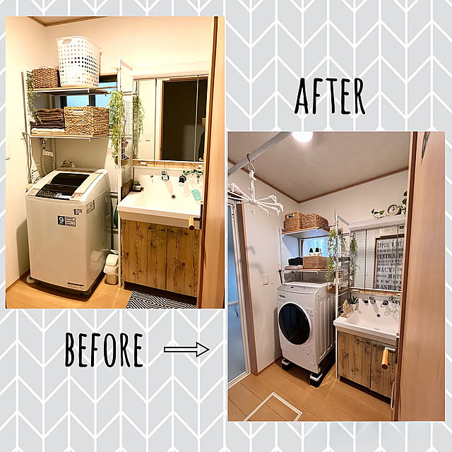 Bathroom,ビフォーアフター,家族のある暮らし,フェイクグリーン,無印良品,アイリスオーヤマ,ラタンバスケット,リメイクシート木目調,TOSHIBA洗濯機,縦型洗濯機,ドラム型洗濯機,ニトリの洗濯機ラック,ニトリ,サンスベリア,ポトス,観葉植物インテリア Saiiiの部屋
