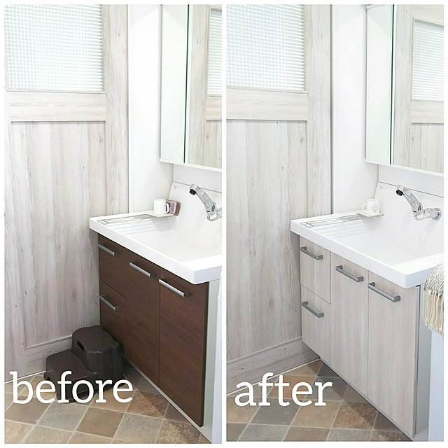 Bathroom,引き戸,洗面台リメイク,DIY,カッティングシート,クッションフロア,ナチュラルタイル,LIXIL洗面台,ピアラ,リアテック,サンゲツ honobono.の部屋