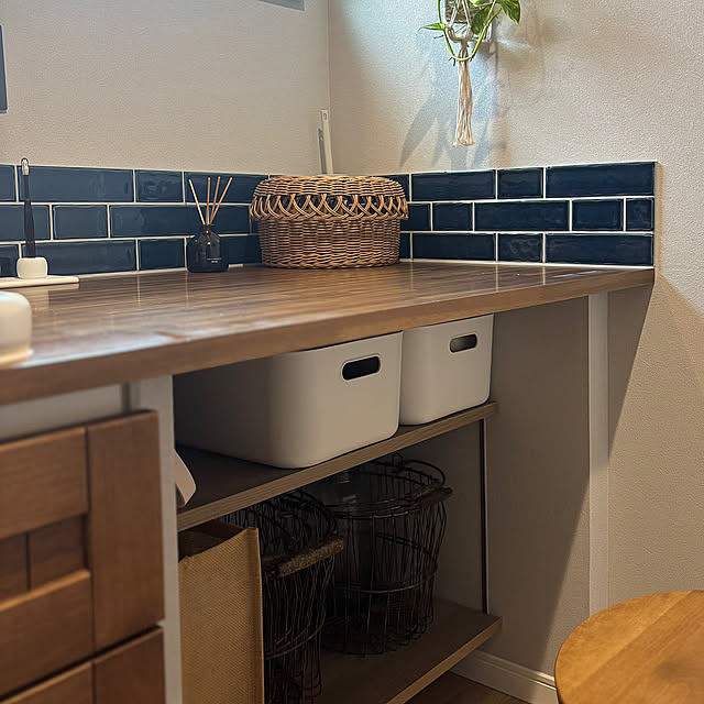 Bathroom,独立洗面台,名古屋モザイク,名古屋モザイクタイル,造作洗面台,やわらかポリエチレンケース,ワンアクション収納,ドライヤー収納,無印良品,無印良品 収納 kurinokiの部屋