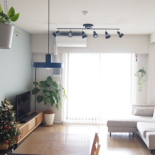 Lounge,お部屋を広く見せる工夫,観葉植物,IKEA,北欧,凸ランプ,ハンギングプランター,こどもと暮らす,マンション暮らし,子どものいる暮らし,アクセントクロス,縦長リビング,バーチカルブラインド,ブルーグレー chikoの部屋