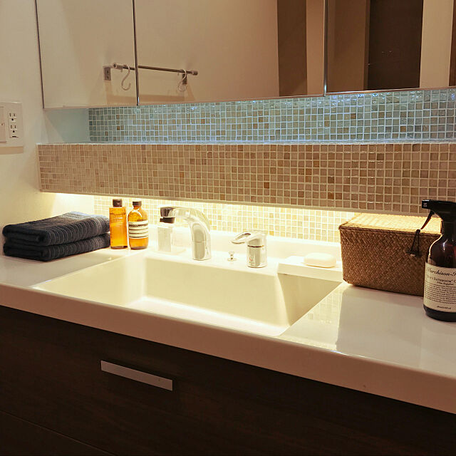 Bathroom,ミラーボックス,名古屋モザイクタイル,間接照明,DIY nozomi0121の部屋