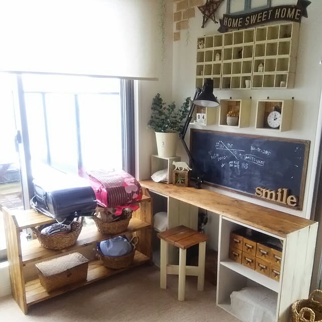 My Shelf,3Coins,ユーカリ,ミーツ,手作り黒板,DIY机,セリア,ダイソー,DIY,DIY棚,かご大好き♡,キャンドゥ,カラーボックス DIY,2016.6.4 flannel.の部屋