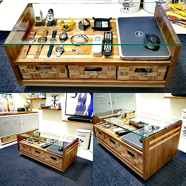 My Desk,DIY,ハンドメイド,手作り,アンティーク,ヴィンテージ,カフェ,ガラステーブル,ローテーブル,腕時計,収納,ラタンバスケット,キャスター付き Daiの部屋