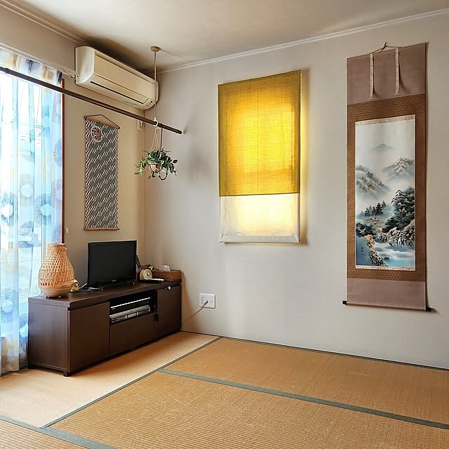 Bedroom,ビフォーアフター,てぬぐいタペストリー,東京インテリア,IKEA,竹製テーブルランプ,寝室,和室,畳の部屋,布団派,ホスクリーン,テレビボード,掛け軸,シェードカーテン,和モダン yasu10の部屋