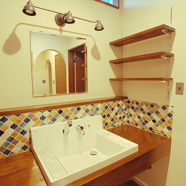 Bathroom,稼働棚,モザイクタイル,タイル,造作洗面台,洗面所,IKEA 照明,名古屋モザイクタイル Yukaの部屋