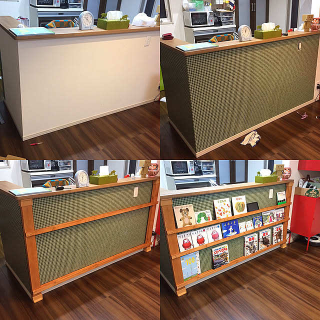 カウンターキッチンの棚,カウンターキッチン,タイル風壁紙,壁紙,DIY,うちの壁紙はこれ！,Kitchen,100いいね！ありがとうございます！,人生初100いいねに驚きおじさん 0nigiriの部屋