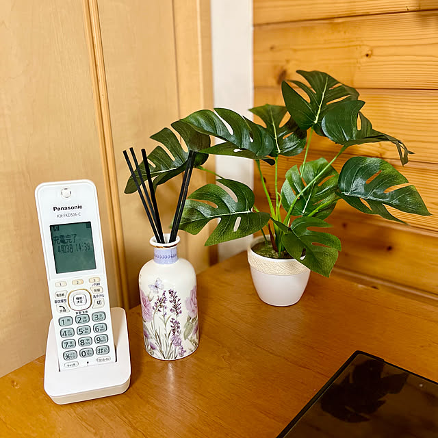 癒しのグリーン,モンステラフェイク,CT触媒,グリーンのある暮らし,チェストの上,RoomClipショッピング,フェイクグリーン,My Shelf,木の壁,子機置き場 milkの部屋