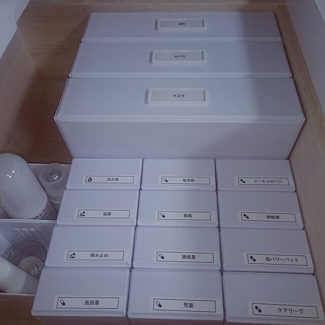 My Shelf,真っ白,改良の余地あり,白が好き,モノトーンにしたい！,シンプルが好き,ピータッチ,シンプル収納,モノトーン,mon・o・tone,薬収納,薬箱,引き出しの中 Kの部屋
