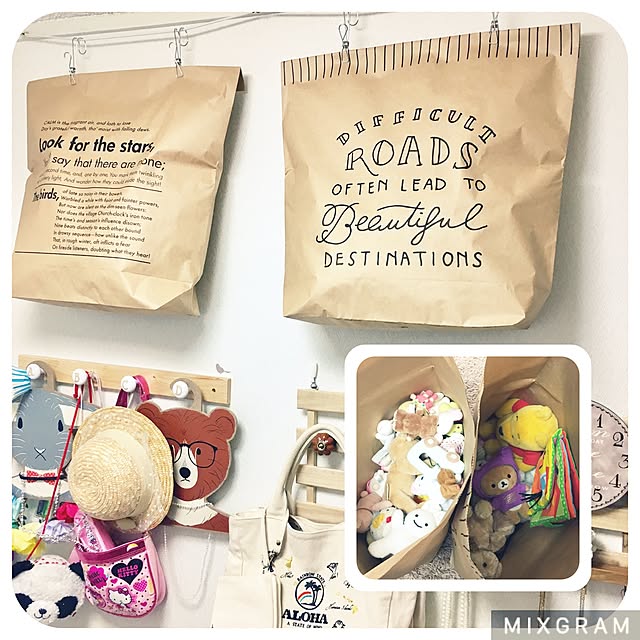 On Walls,おもちゃ収納,Can★Do,いつもいいねやコメありがとうございます♡,狭小を楽しむ,狭小でも諦めない,ペーパーストックバッグ,意外とキャンドゥが好き♡,ダイソー,セリア,キャンドゥ,ペーパーバッグ,ぬいぐるみ収納,天井からぶら下げ,クラフトバッグ nami-tsunの部屋