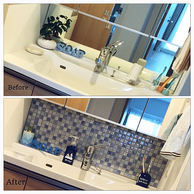 Bathroom,ビフォーアフター,アルファベットオブジェ,モザイクタイル,DIY,手作り,ハンドメイド,before→after,洗面所,歯ブラシ立て,ナチュラルキッチン,ジャーナルスタンダードファニチャー,ニトリ,natural kitchen,ペイント,エアープランツ,無印良品,男前×海 kanaの部屋