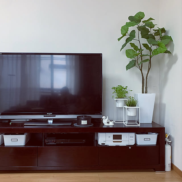 収納,ラベル,スクエアボックス,ダイソー,消火栓,もしもの時の備え,テレビボード,プリンター置き場,dottir,ルームアンドホーム,ウンベラータ,フェイクグリーン,レコーダー置き場,KOZLIFE,コズライフ,植物のある暮らし,Lounge sacchiの部屋