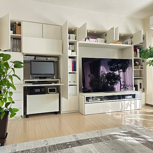 観葉植物,グリーン,テレビ台,地震対策,ラグ,マンション,テレビ周り,壁面収納,リビング収納,隠す収納,3LDK,Panasonic,収納スペース,キュビオス,壁付け収納,イケヒコ,SONY BRAVIA,耐震ラッチ付き,SONY 有機EL65型,日の光,ヒコラー,2008年リフォーム,キュビオステレビ台,Overview love1017の部屋