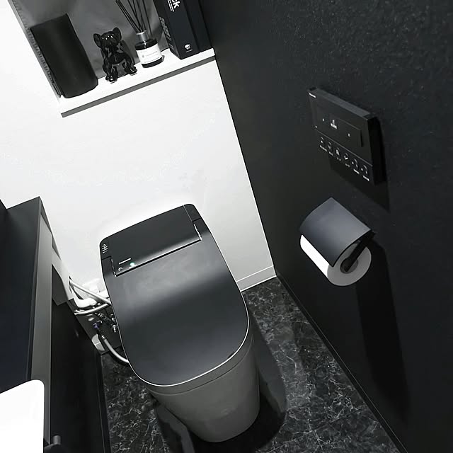 Bathroom,Panasonic,白黒グレー,instagramと同じpic,モノトーンインテリア,海外インテリアに憧れる,マンション,シンプルインテリア,リフォーム後,大理石調,黒い壁 yume.daydreamの部屋