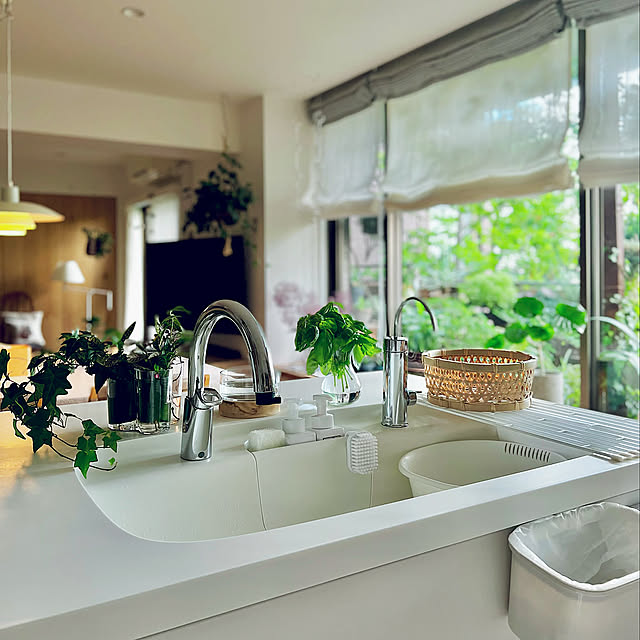 ホワイトキッチン,片付け,シェードカーテン,窓辺,バジル水挿し,イッタラ フラワーベース,LIXILアレスタ,LIXIL,キッチンシンク,アイランドキッチン,見てくれてありがとうございます♡,NO GREEN NO LIFE,フォロワーさんに感謝♡,コメントお気遣いなく♡,マンション暮らし,心地よい暮らし,ベランダガーデン,グリーンのある暮らし,Kitchen pooの部屋