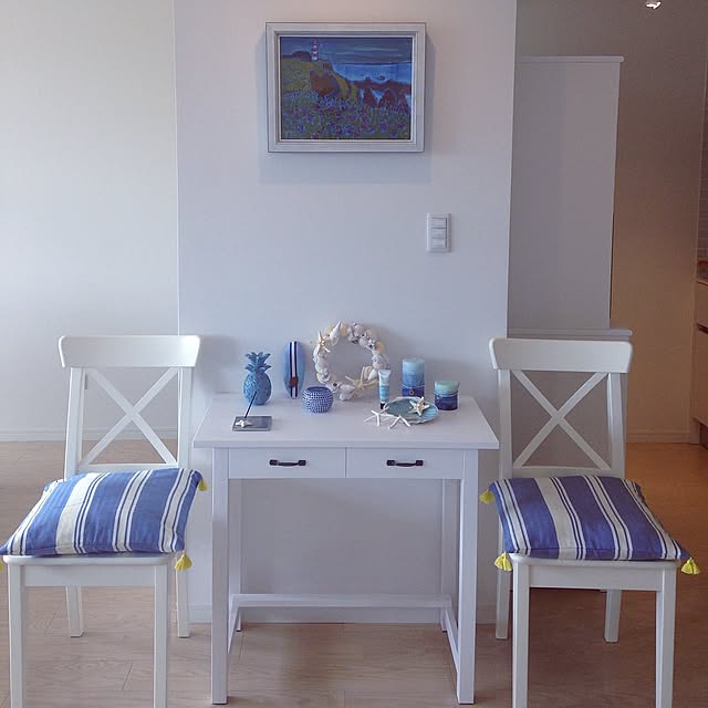 モモナチュラル,海まで3分,築40年以上,中古住宅,リノベーション,西海岸,IKEA,セカンドハウス,ビーチハウス,ビーチスタイル,ドレッサー,コンソール,シェルリース,パイナップルオブジェ,白青マニア,Overview,コースタルリビング,スパニッシュコロニアル KOKOの部屋