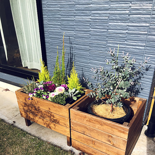 お花のある暮らし,外壁ネイビー,プランターカバーDIY,Entrance,DIY,1×4材 cocoaの部屋