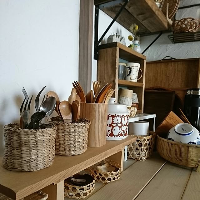 Kitchen,カトラリー,カトラリー収納,セリア,竹かご,シーグラス,お家カフェ,くらし,マンションインテリア,DIY,古道具,カフェ風,漆喰壁DIY makkyfoneの部屋