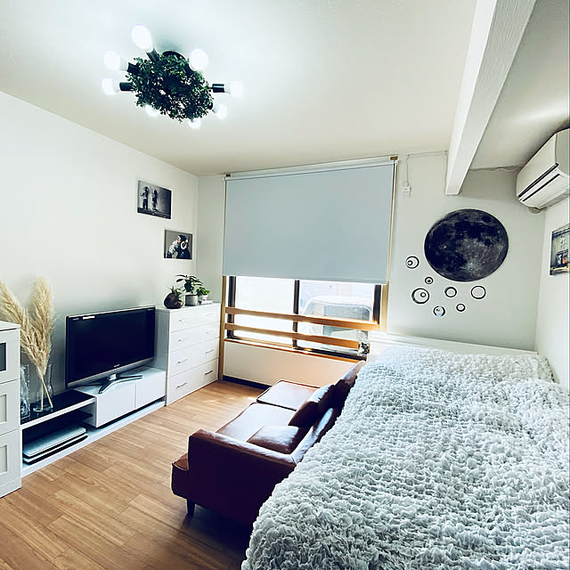 春の模様替え,照明,IKEA,フェイクグリーン,ドライフラワー,テレビボード,パンパスグラス,ホワイトインテリア,アートパネル,ガラスアート,バンクシー,バンクシーアート,Bedroom minu5656の部屋