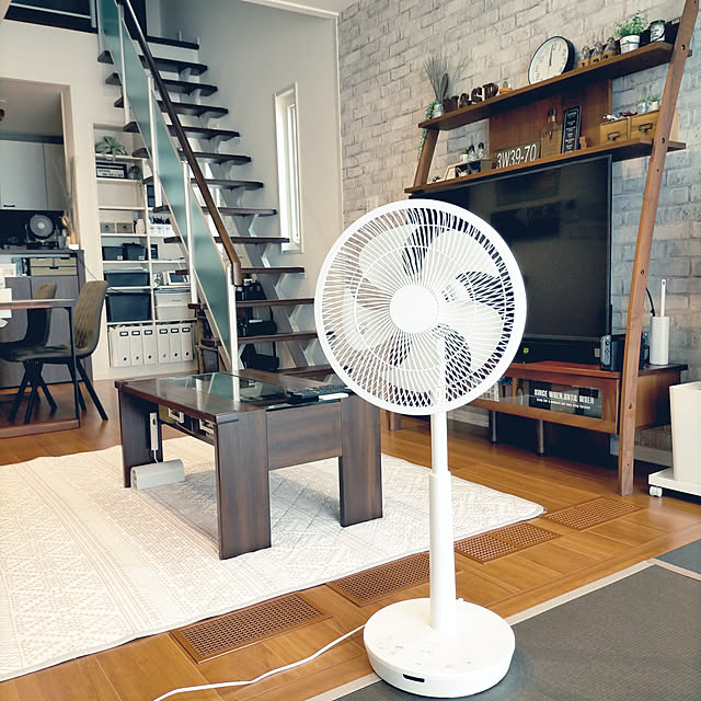 Lounge,買ってよかったもの,シロカ,DCサーキュレーター扇風機,音声認識リモコン,リモコン無しで楽に!,モノトーンインテリア,リビング階段,快適エアリー,3COINS掛け時計,男前インテリア,見せる収納,壁面収納,フェイクグリーン SACHIの部屋
