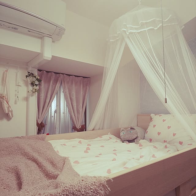 Bedroom,ロフトベッド,キッズルーム,メープル材,白が好き,ファニチャードーム,子供部屋女の子,こどもと暮らす,中古マンションリノベーション,三人家族,IKEA,姫系インテリア,ニトリ,ピンク,モスキートネット,リフォーム,天蓋,小学生女子 Yoshi55goの部屋