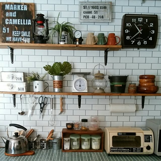 Kitchen,男前,インダストリアル,DIY,タイル風の壁紙,ブログよかったら見てみて下さい♩,壁紙屋本舗 macaの部屋