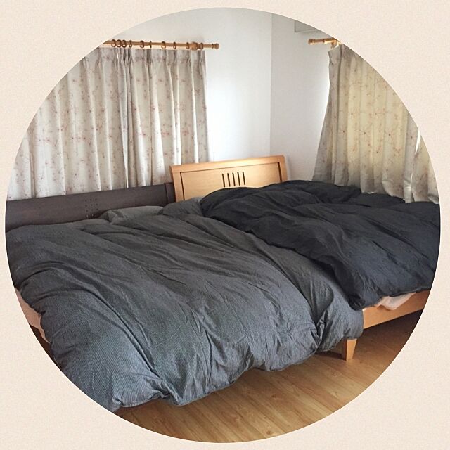 Bedroom,カーテン,ストライプ,デニム,布団カバー,ベッド,無印良品 Akiの部屋