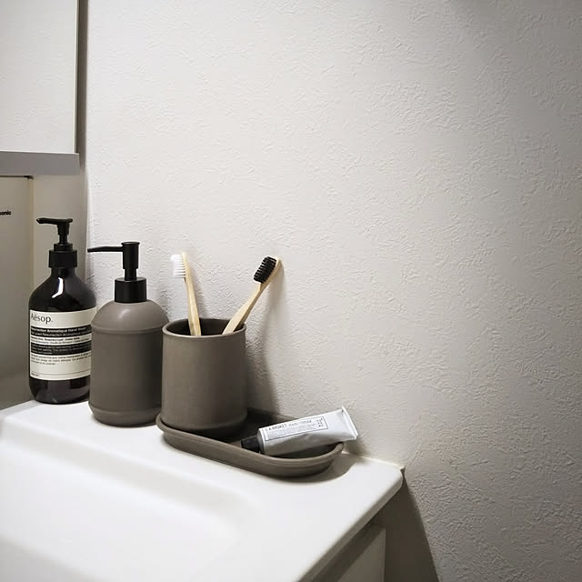 Bathroom,IKEA,バスルームセット,トレイ,洗面所,バスルーム,詰め替えボトル,Aesop,ハンドソープ,海外インテリア,洗面台,シンプルインテリア,モノトーン,DULTON,L:A BRUKET orioriの部屋